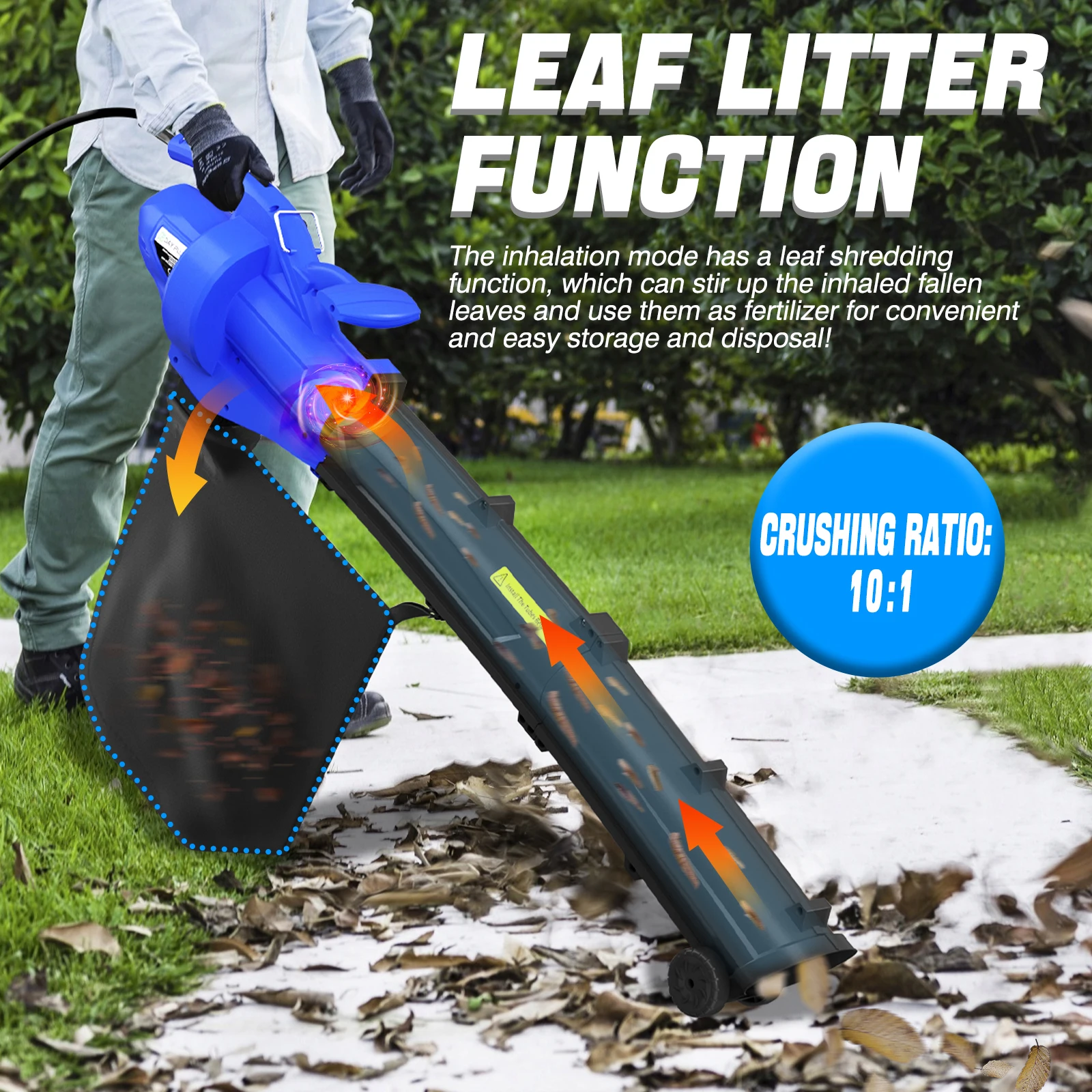 Leaf Blower, 3 in 1 Garden Vacuum Leaf Shredder, Powerful Electric Garden Blower Household, 10m Cable , 6 Variable Speed 35L Bag