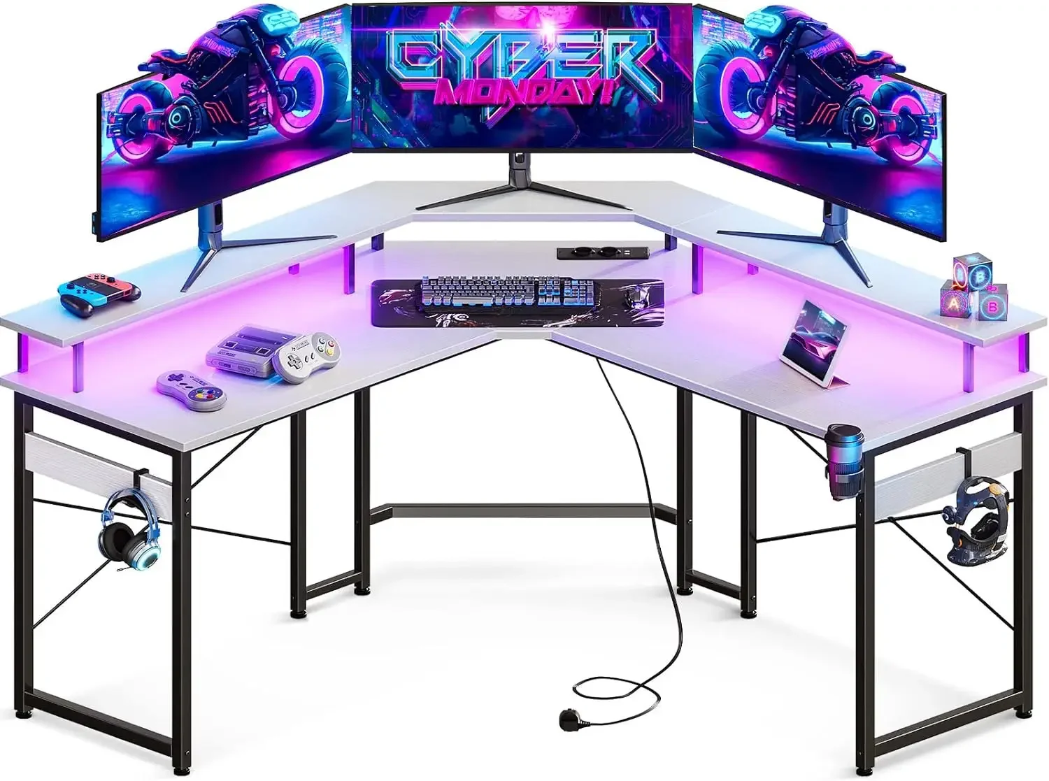 (Envío gratis) Mesa Gaming con LED, Escritorio Gaming con Enchufes y Puertos USB, Mesa Escritorio Gaming