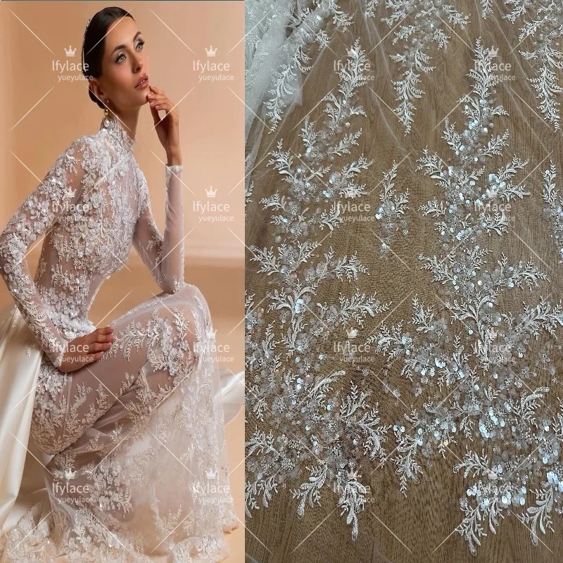 Hot Style Off White Sequins Beaded Embroidey Good Quality Fashion Wedding Dress Lace Fabric 1 Yard