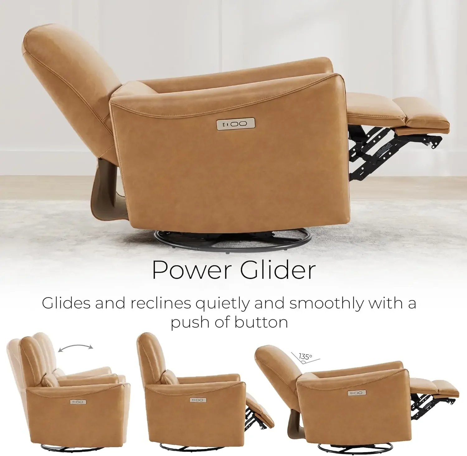 Power Recliner Chair Swivel Glider, Upholstered Faux Leather Living Room Reclining Sofa Chair with Lumbar Support, Cognac Brown