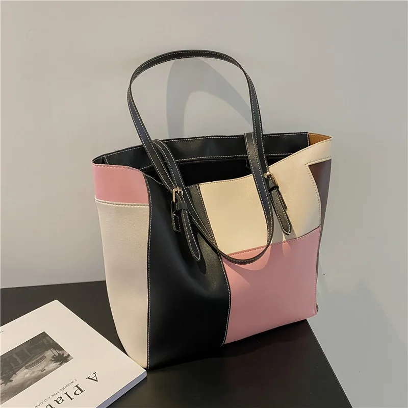 Women\'s Bag 2024 New Foreign-style Soft Surface Leisure Shoulder Bag Simple Handbag Fashion Splicing Candy Colour