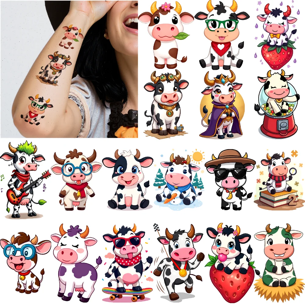 

63pcs Temporary Tattoo Cartoon Stickers Waterproof Long-lasting Body Stickers Cow Stickers For Arms Boys Adults