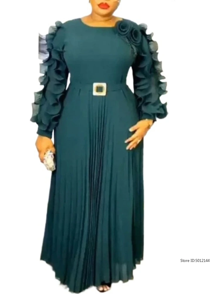 

Women Vintage Chiffon Pleated Dress Ruffles Puff Sleeves 3D Flower Waist Belt Fashion African Female Autumn Evening Party Gowns