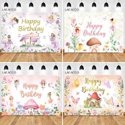 Baby Girls Birthday Mushroom House Background Fairy Tale Elf Butterfly Colorful Flowers 1st Birthday Party Photography Backdrop