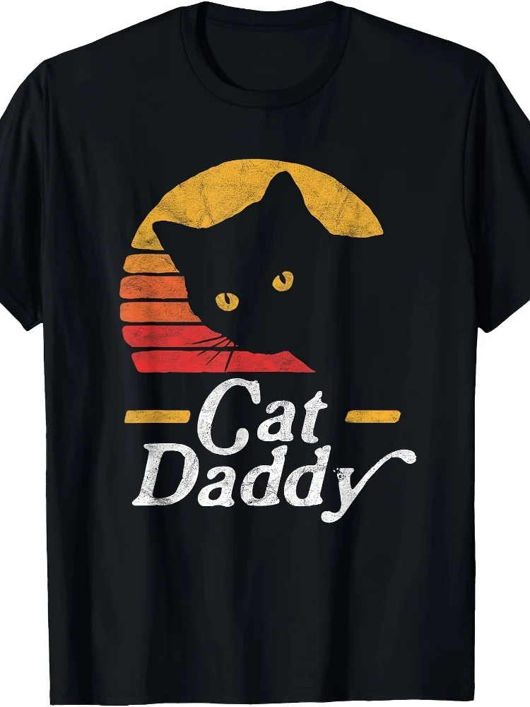 

Vintage 80' s style distressed cat T-shirt-cat dad-short sleeve round neck cotton T-shirt.