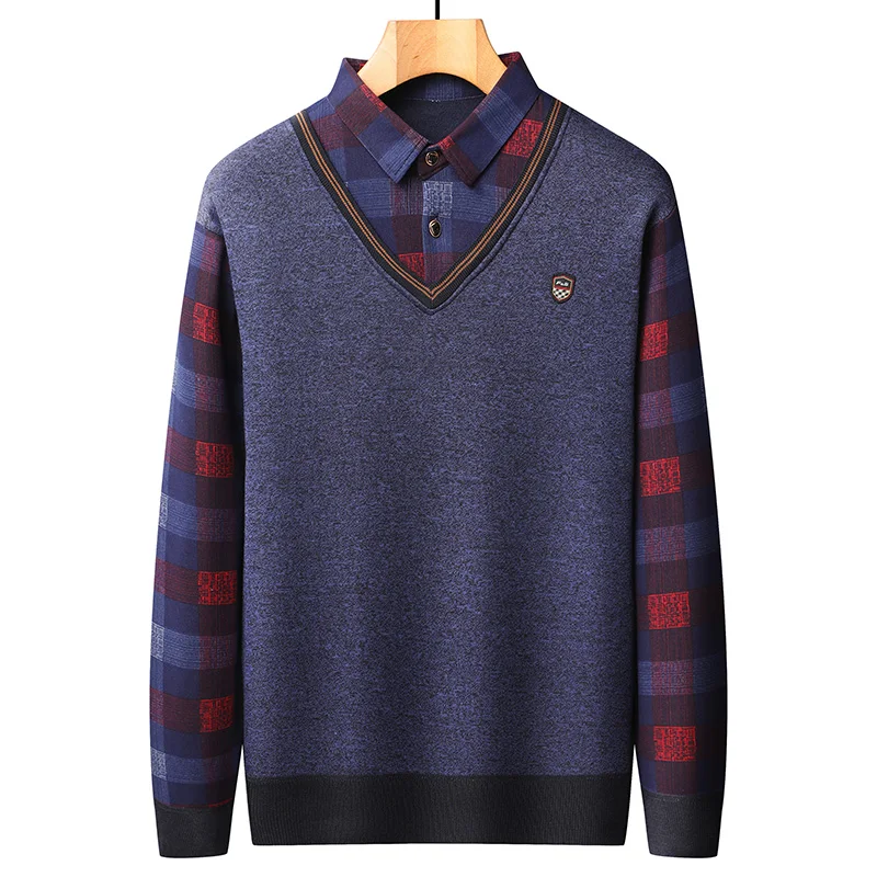 Men's Plaid Pullover Knit Polo Shirts Fleece Lined Sweaters Knitted Bottom Shirts Dad Warm Pullovers Knitwear