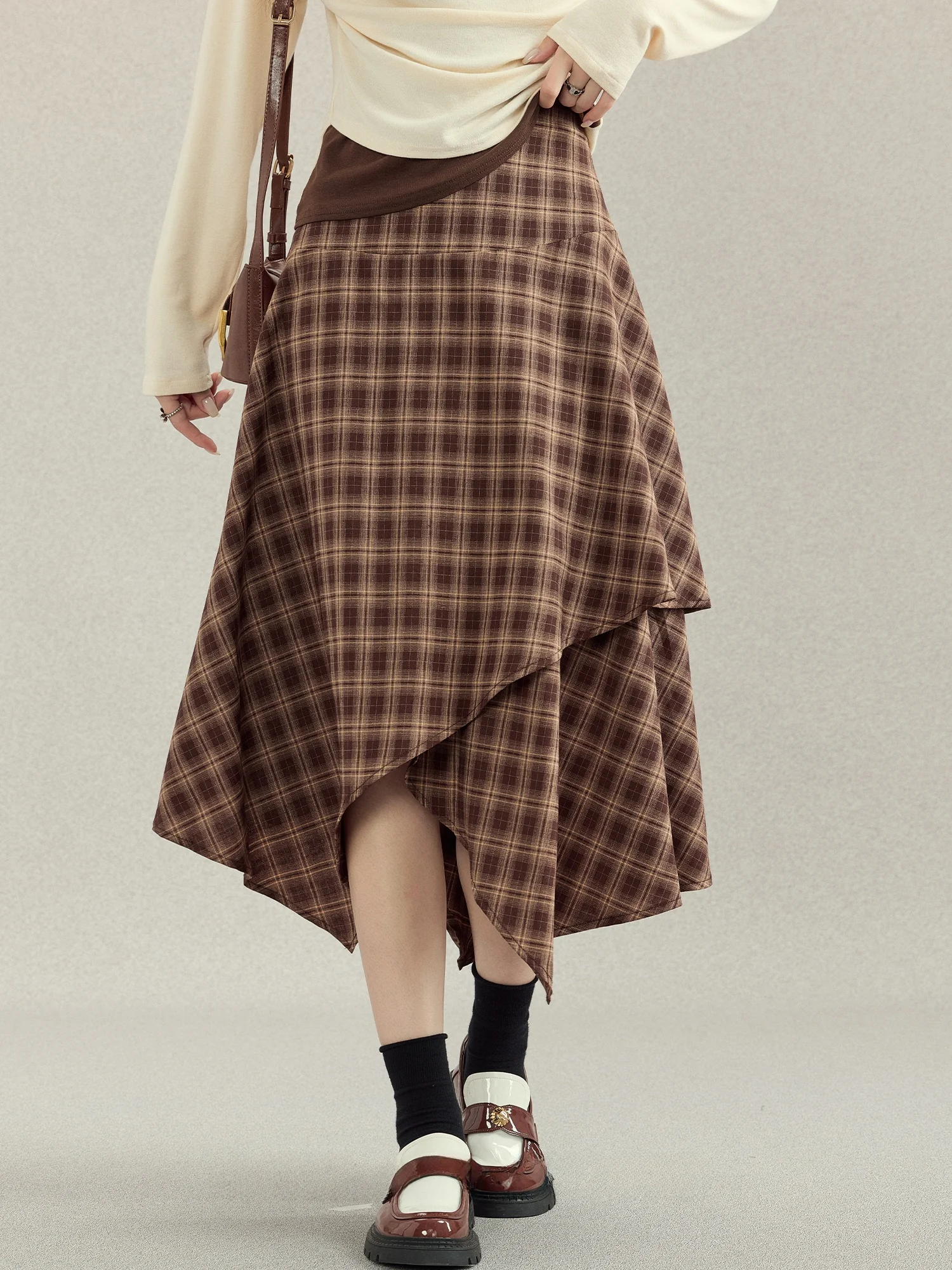 

Mii Xiaoke Vintage Plaid Asymmetrical Women's Skirt Early Autumn Design High Waist A-Line Dr Versatile Coffee Color