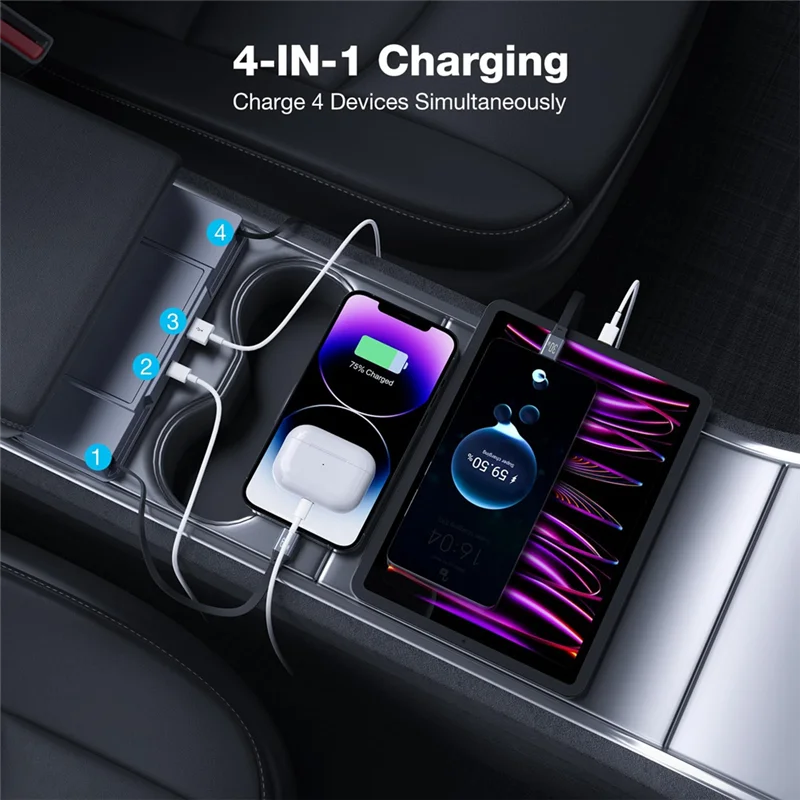 

USB Hub Center Console Fast Charger Docking Station With Retractable Cable For Tesla Model Y 2020-2024 Model 3 2020-2023