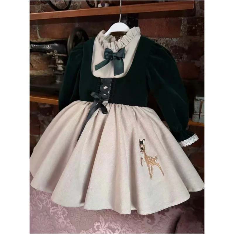 0-12Y Baby Girl Autumn Deer Embroidery Vintage Princess Black Dress for Birthday Photography Holiday Eid C229