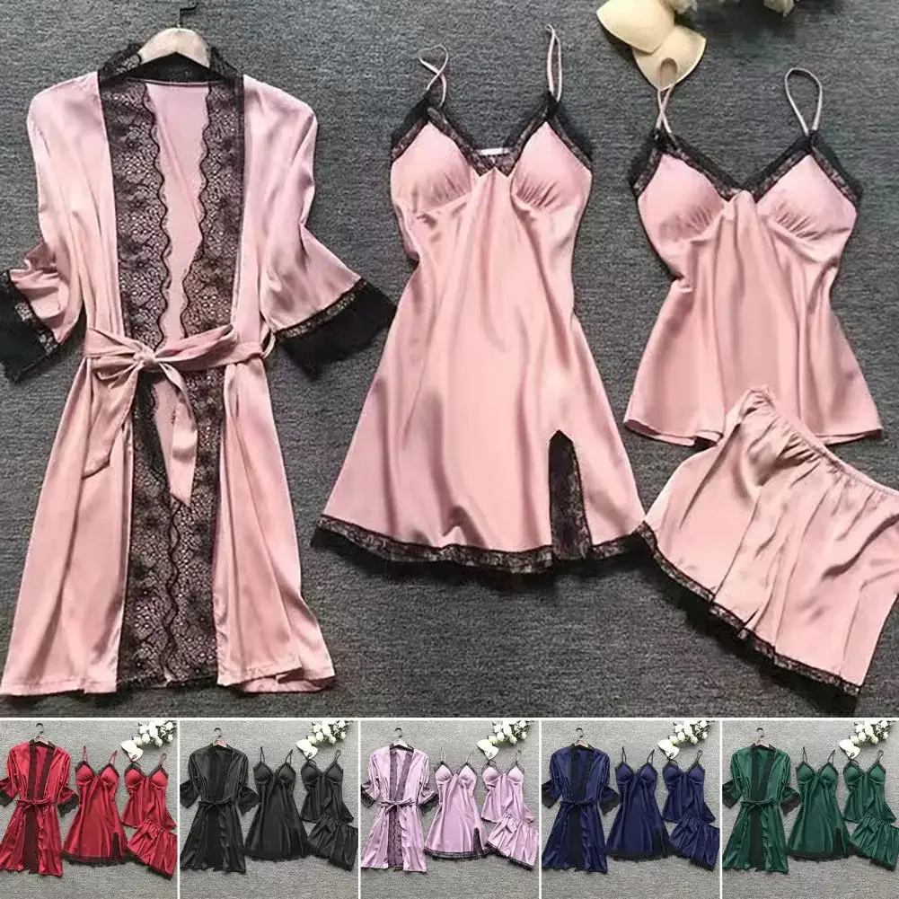 Lace Design Sleepwear Silky Lace Pajamas Set with Spaghetti Strap Top Pleated Cardigan Coat 4 Piece Homewear Set for Women Lace