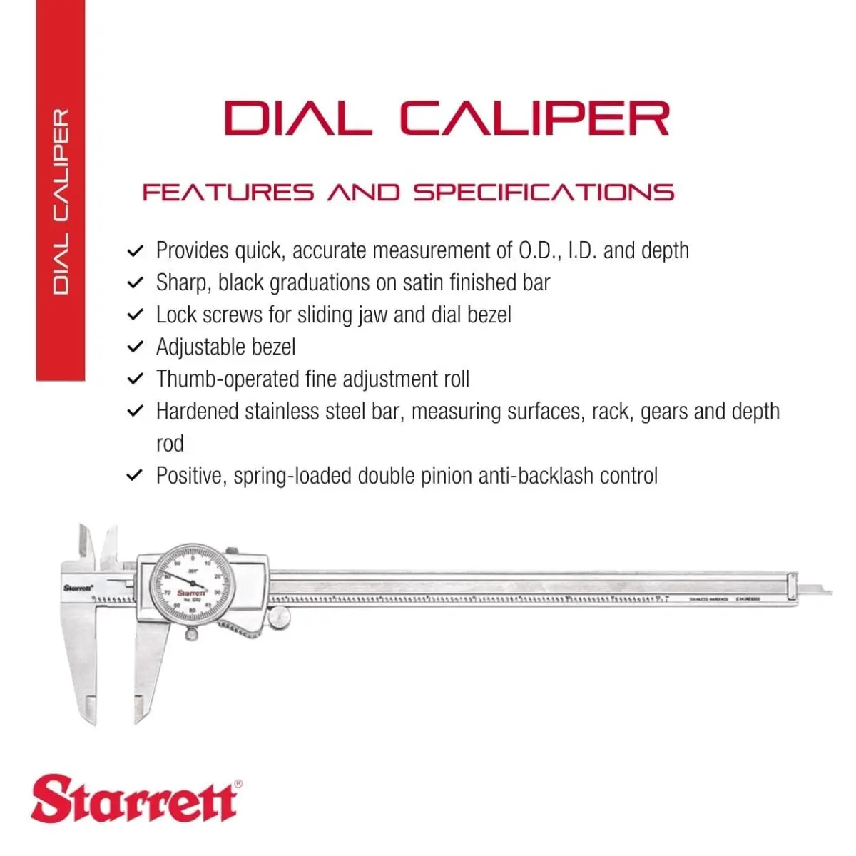 Starrett Dial Caliper with Adjustable Bezel and Fitted Case - White Face, 0-12