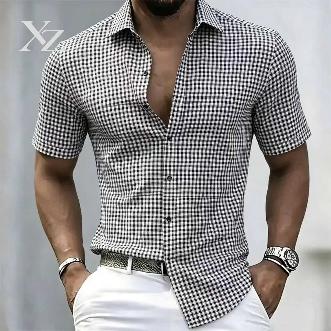 Hot Sale Premium Men's Slim Fit Checkered Short Sleeved Shirt Breathable Casual Business Button Top For 2026