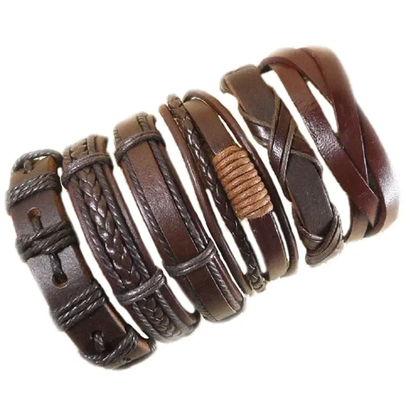 Hand-knitted 6Pcs/lot Trendy Genuine Leather Bracelets Men Multilayer Braided Rope Bracelets for Male Female Bracelets Jewelry