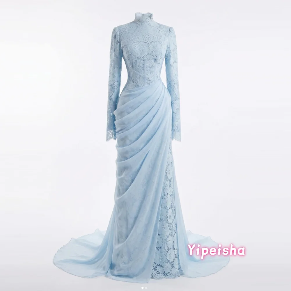 Sky Blue Mermaid Muslim Evening Formal Dresses Ruched High Neck Long Sleeve Bespoke Middle East Prom Gown Outfit Customized