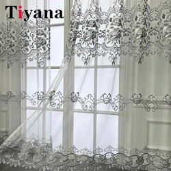 European Luxury Gray Curtain Flower Embroidery Living Room Sheer Tulle Curtains For Bedroom Balcony Window Voile Screens Drapes