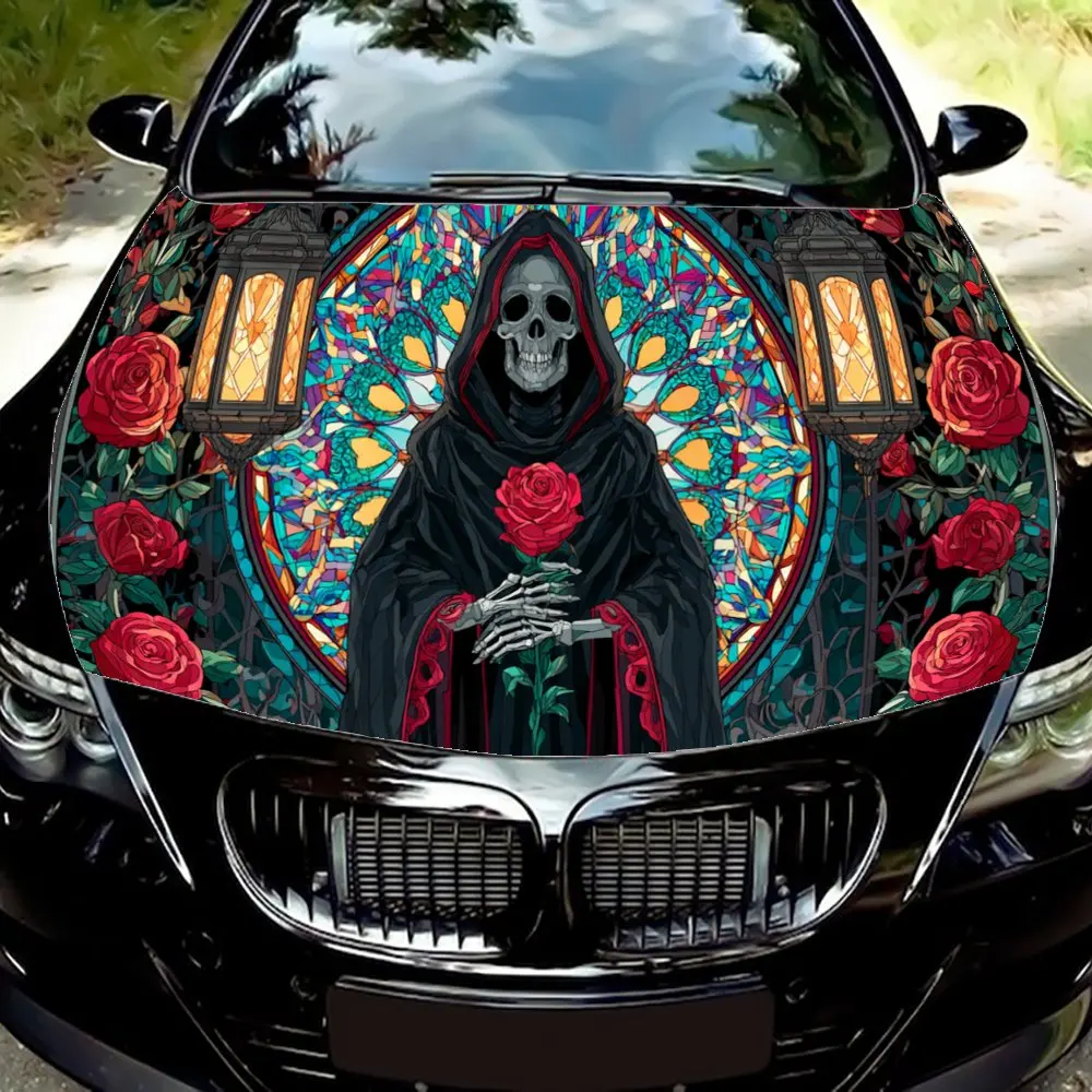 

Grim Reaper in Stained Glass Car Vinyl Wrap, PVC Waterproof Car Hood Sticker, Self-Adhesive Scratch-Resistant Stickers for Engin