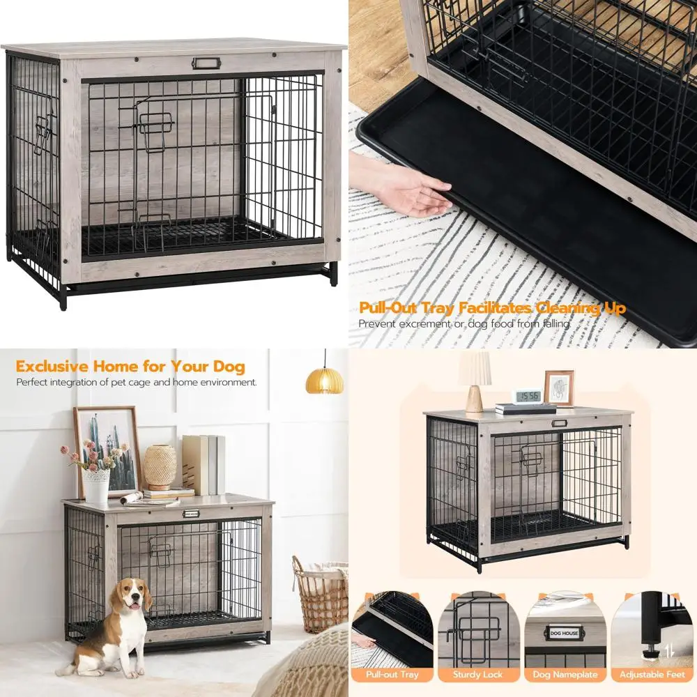 

Medium Wooden Dog Crate with Pull-Out Pan and Double Doors, Indoor Pet House Side Table Furniture