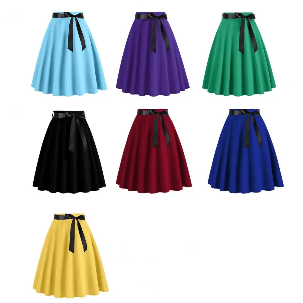 Женская летняя юбка-миди, однотонная элегантная юбка трапециевидной формы с высокой талией и поясом, коктейльная взлетно-посадочная полоса, фигуристка, косплей, танцевальные короткие юбки