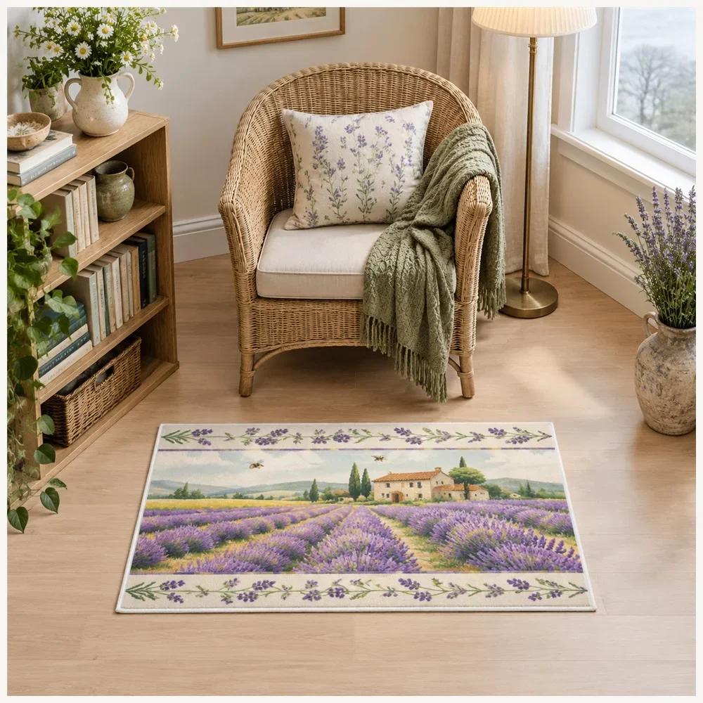 VIKAMA Lavender Field Door Mat, Anti Slip Machine Washable Flannel Rug, Vintage Cottage Floor Mat for Landing, Pantry, Cloakroom