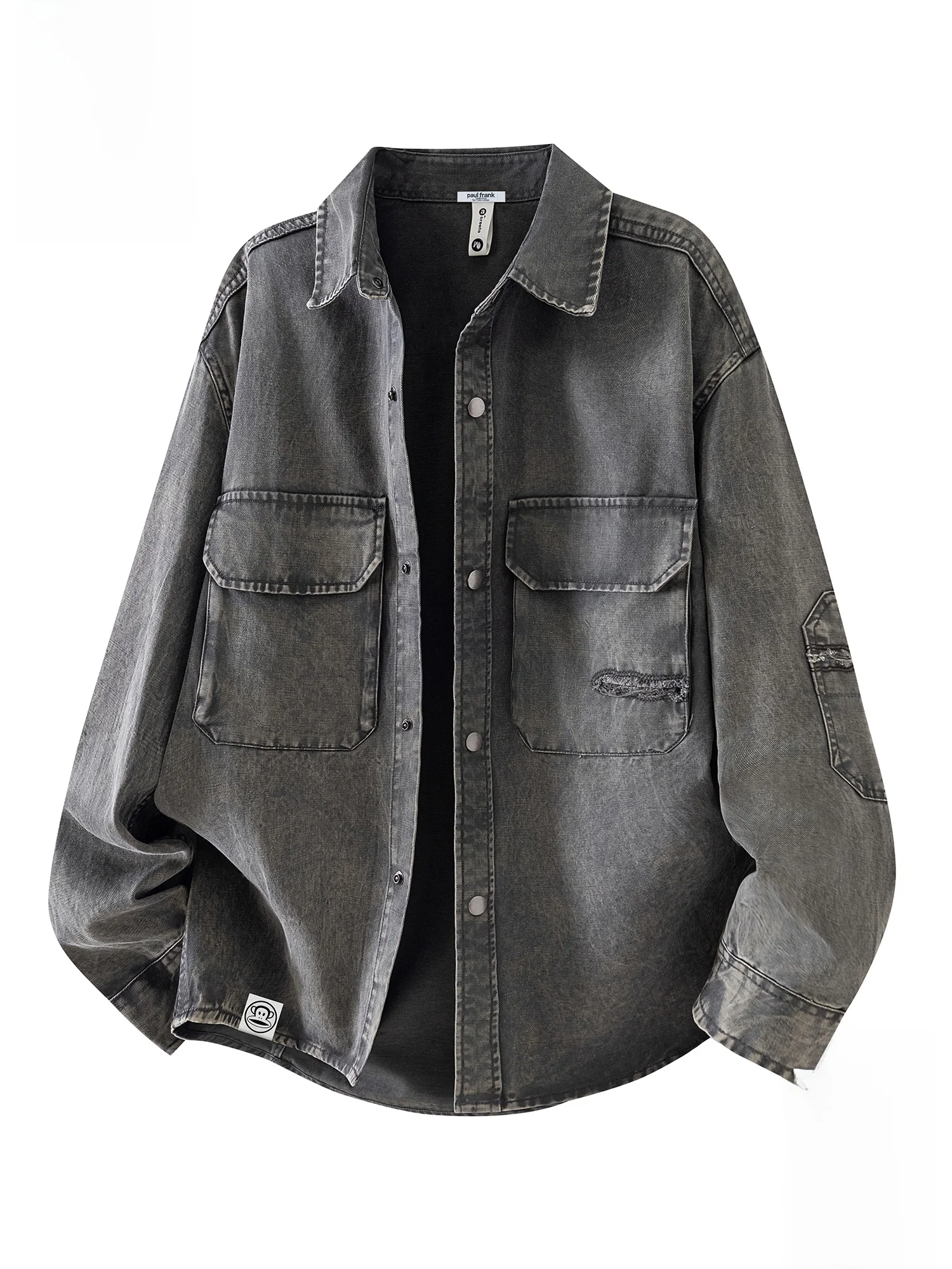 

PaulFrank Retro Waed Ripped Workwear Jaet Men's Loose irt Coat Spring Casual Sle Long Sve Button up Jaet