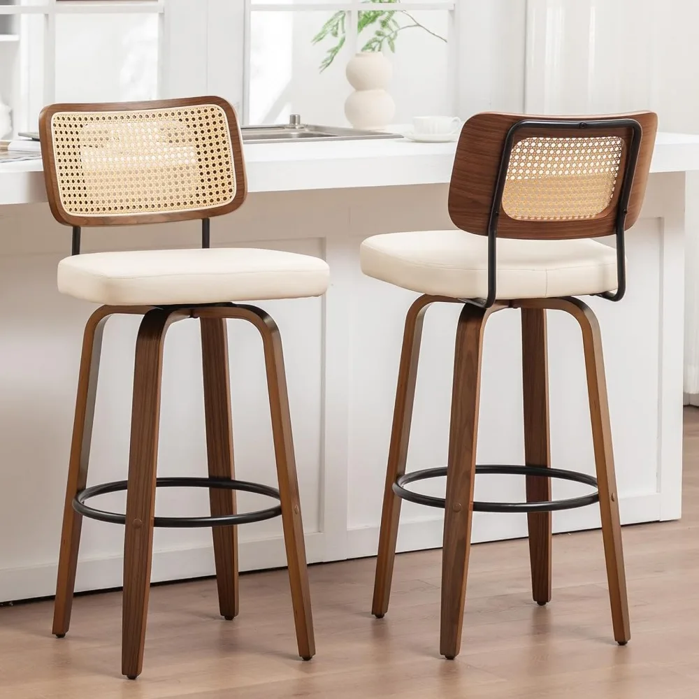 

Rattan Swivel Bar Stools with Walnut Craftsmanship, Curved Rattan Back, Upholstered Seat, Mid Century Modern Bar Stools