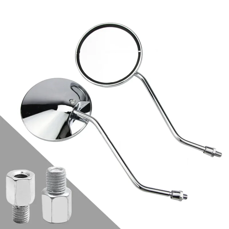 A Pair Chrome Motorcycle Scooter Mirrors Universal Motorbike Rear View Mirror 8mm with M10 adapters Round Oval Convex Mirrors