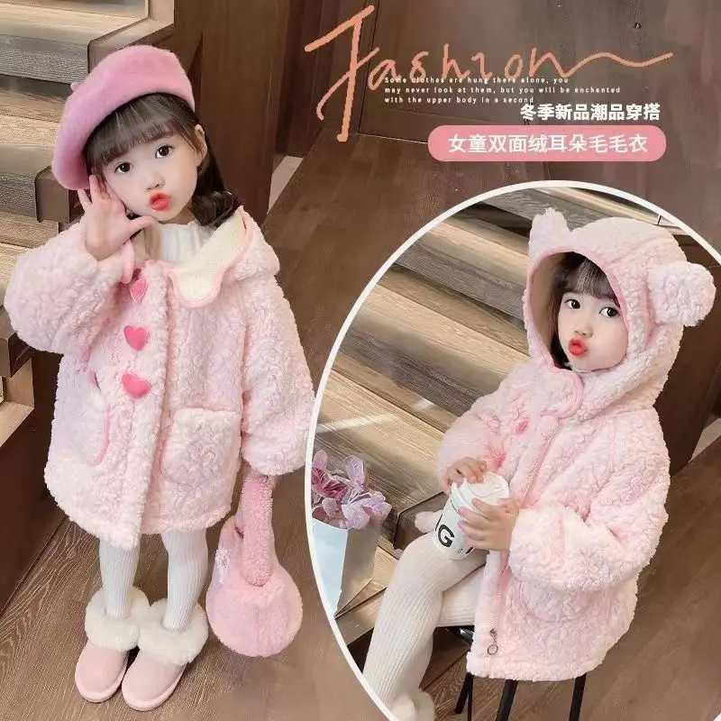 

Пальто для девочек средней длины, осень-зима, новый милый бархатный утепленный шерстяной свитер с капюшоном, утепленная куртка