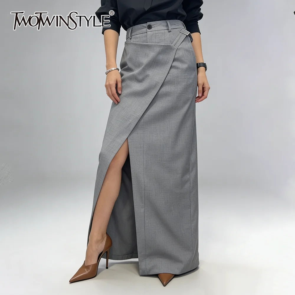 

Юбка-костюм TWOTWINSTYLE с цельным дизайном, длинная, с высокой талией, пэчворк, с металлической пряжкой, асимметричная, женская, весенняя новинка