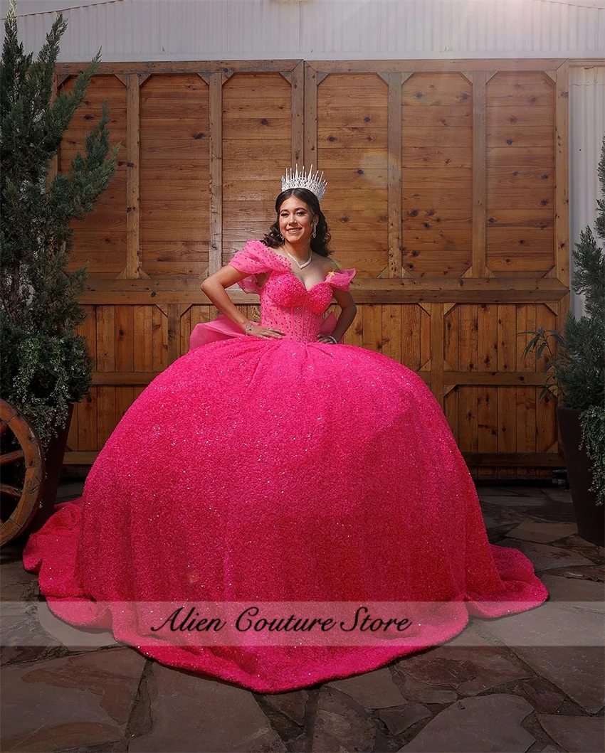 Hot Pink Quinceanera Dress 2025 With Bow Bead Applique Crystal Sweet 16 Birthday Party Dress Vestidos De 15 Años Customized