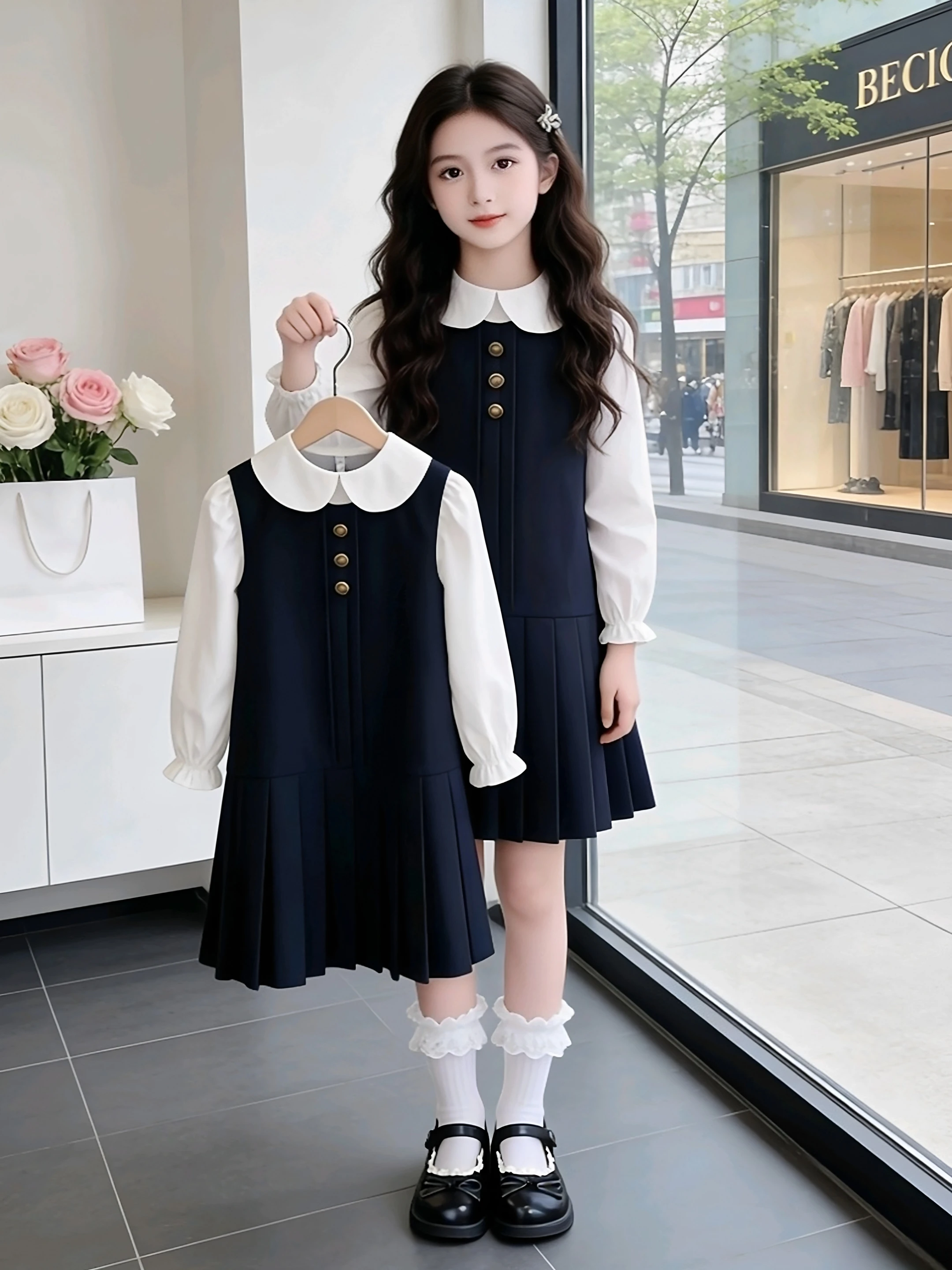 プリンセススタイル春のおしゃれな子供用学校制服ドレスセット-女の子用-5歳～4歳-可愛い-暖かい-洗濯機で洗える-スタンダードパック