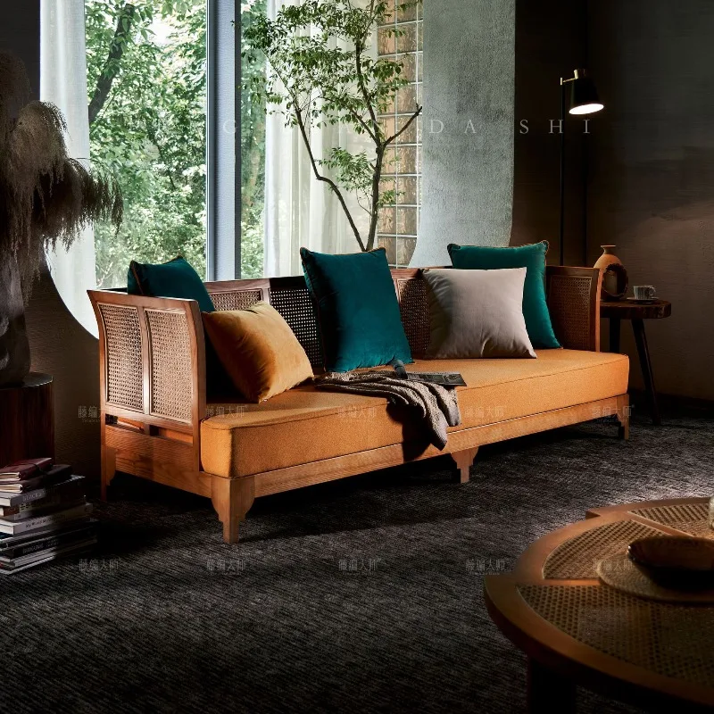 Japanese-style solid wood rattan sofa, double triple rattan sofa combination in the living room of the bed and breakfast