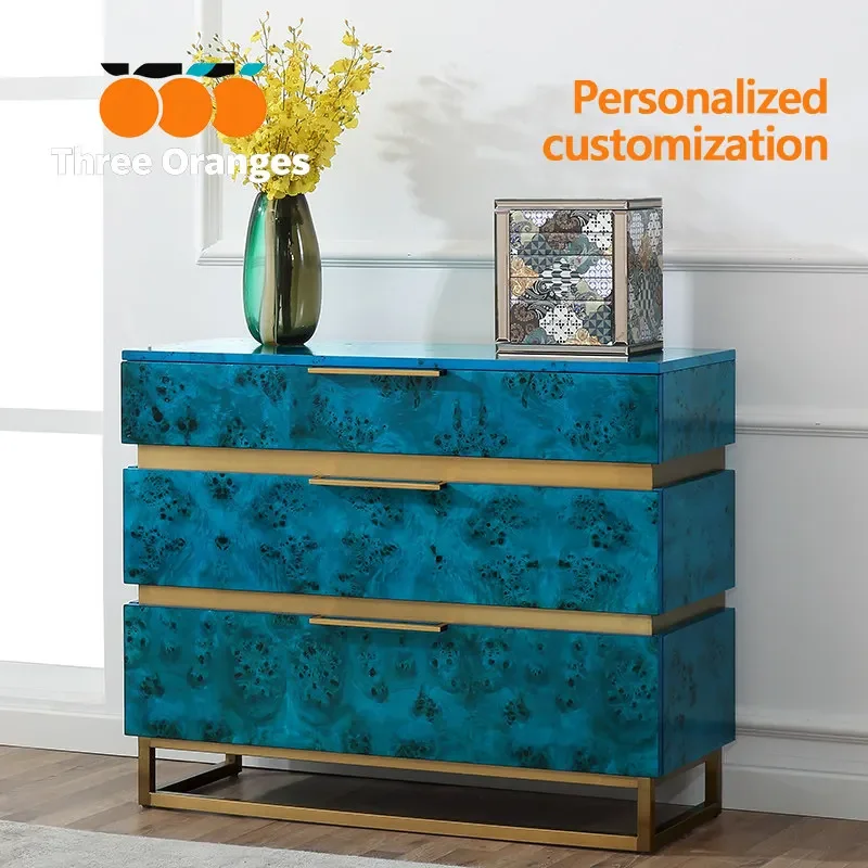 smt02 Italian light luxury peacock blue three-bucket cabinet living room porch cabinet decorative cabinet bedroom solid wood