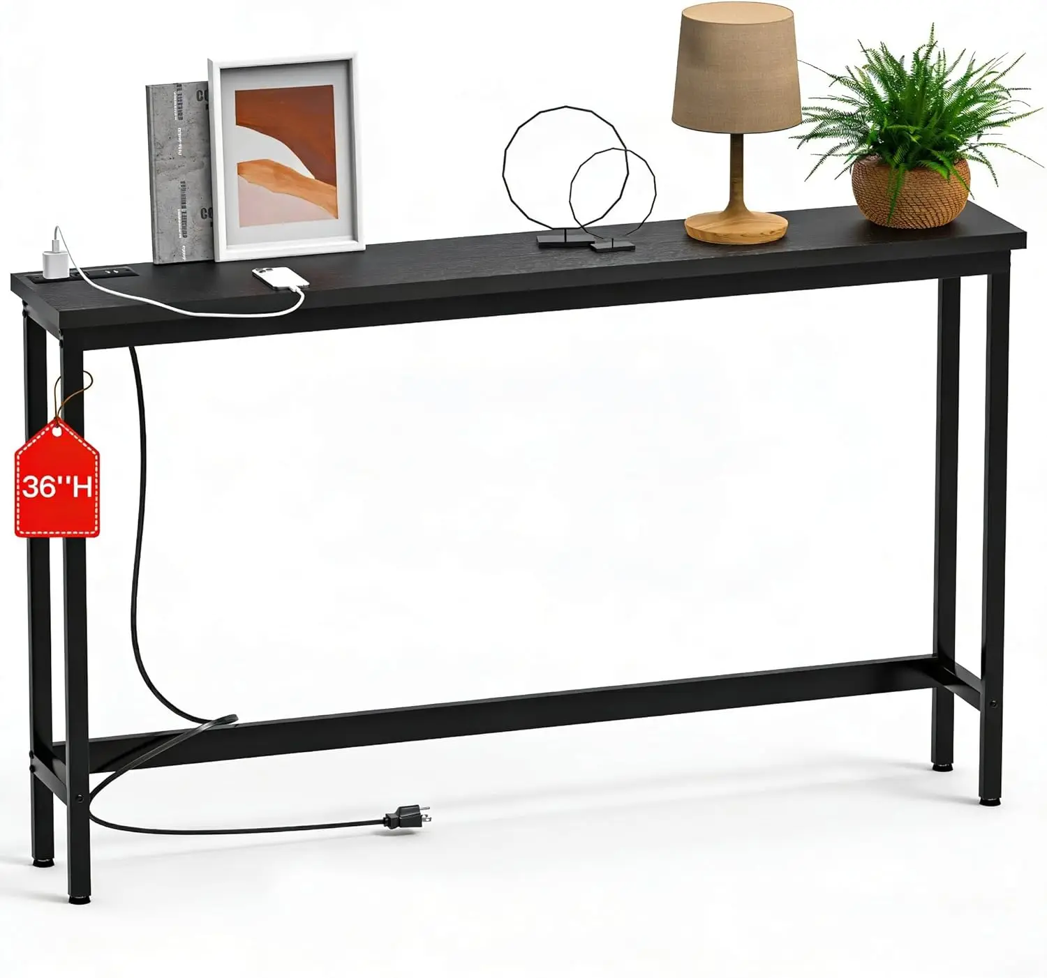 

Консольный столик 36 дюймов с розеткой, узкий цельный столик для размещения за диваном, для прихожей, коридора, гостиной, черный