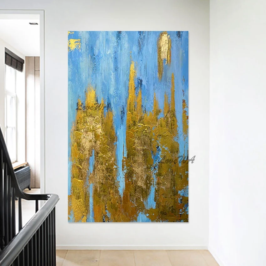 Gold Foil Abstract Canvas Oil Paintings Frameless Modern Sofa Background Wall Decorative Art Picture Blue Textured Hand Drawing