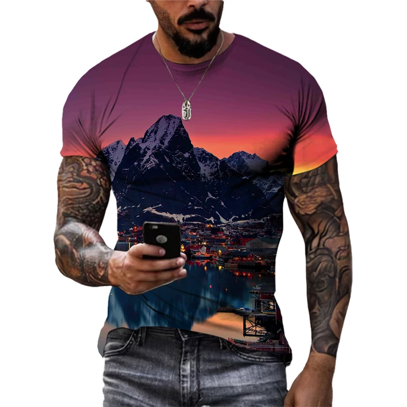 Summer Fashion Natural Scenery original men's shirts New Casual 3D Printed Tees Round Neck Landscape Pattern Short Sleeve Tees