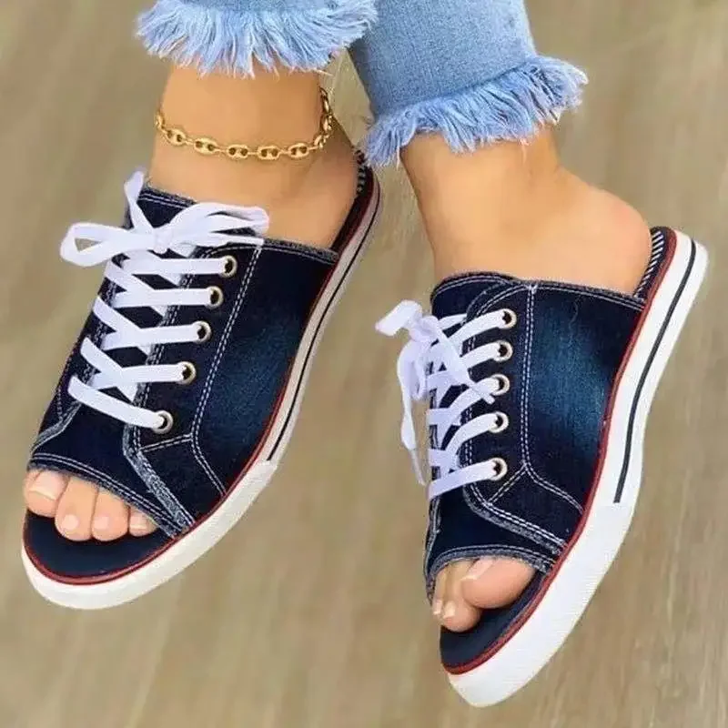 Ladies Slippers Canvas Lace-up Open-toed New Flat-Bottom Casual Women Fashion Denim Beach Shoes 35-43