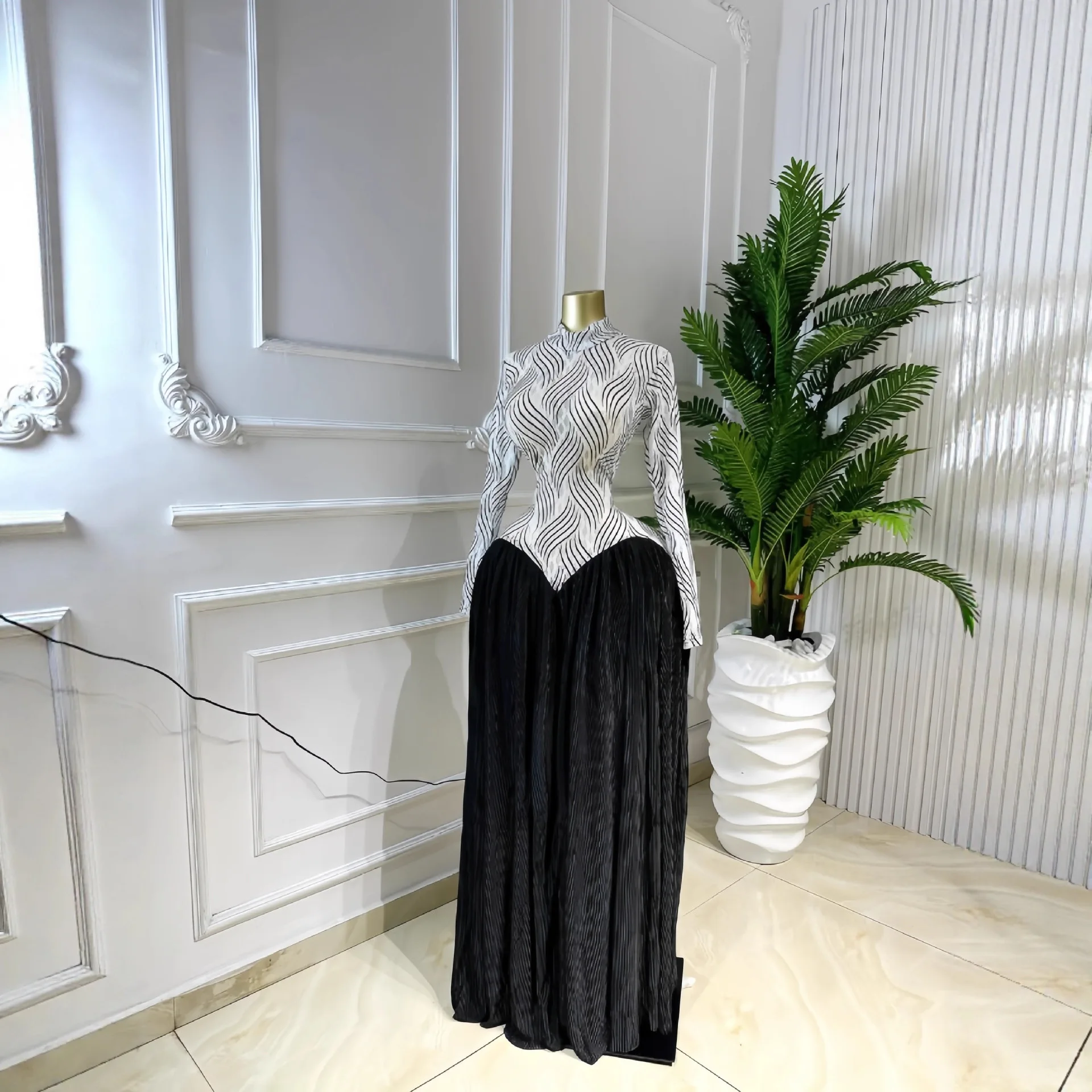 Women Dresses Spliced Dress Pleated Stand Collar Long Sleeves Ankle Length Empire Waist Slight Strech Slim Elegant 2026 Summer