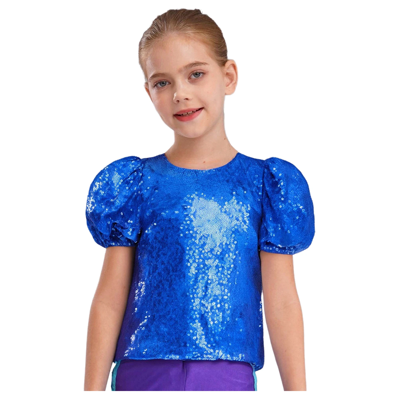 Kids Girls Shirt Shiny Sequins Short Puff Sleeves Top for Party Disco Jazz Dance Cheerleading Performance Competition Dancewear