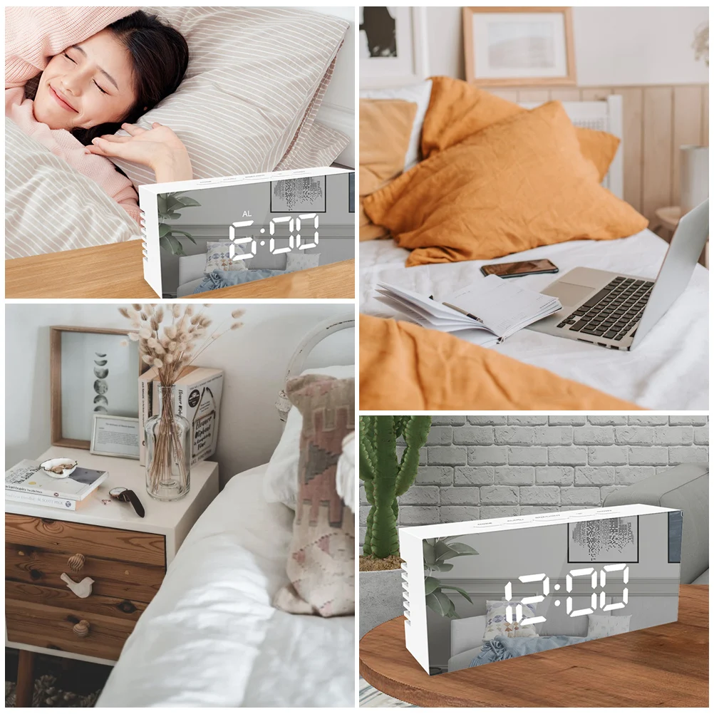 

1 set Digital Electronic Alarm Clock Large Screen LED Home Use Compact Size Brightness Adjustment Automatic White Child