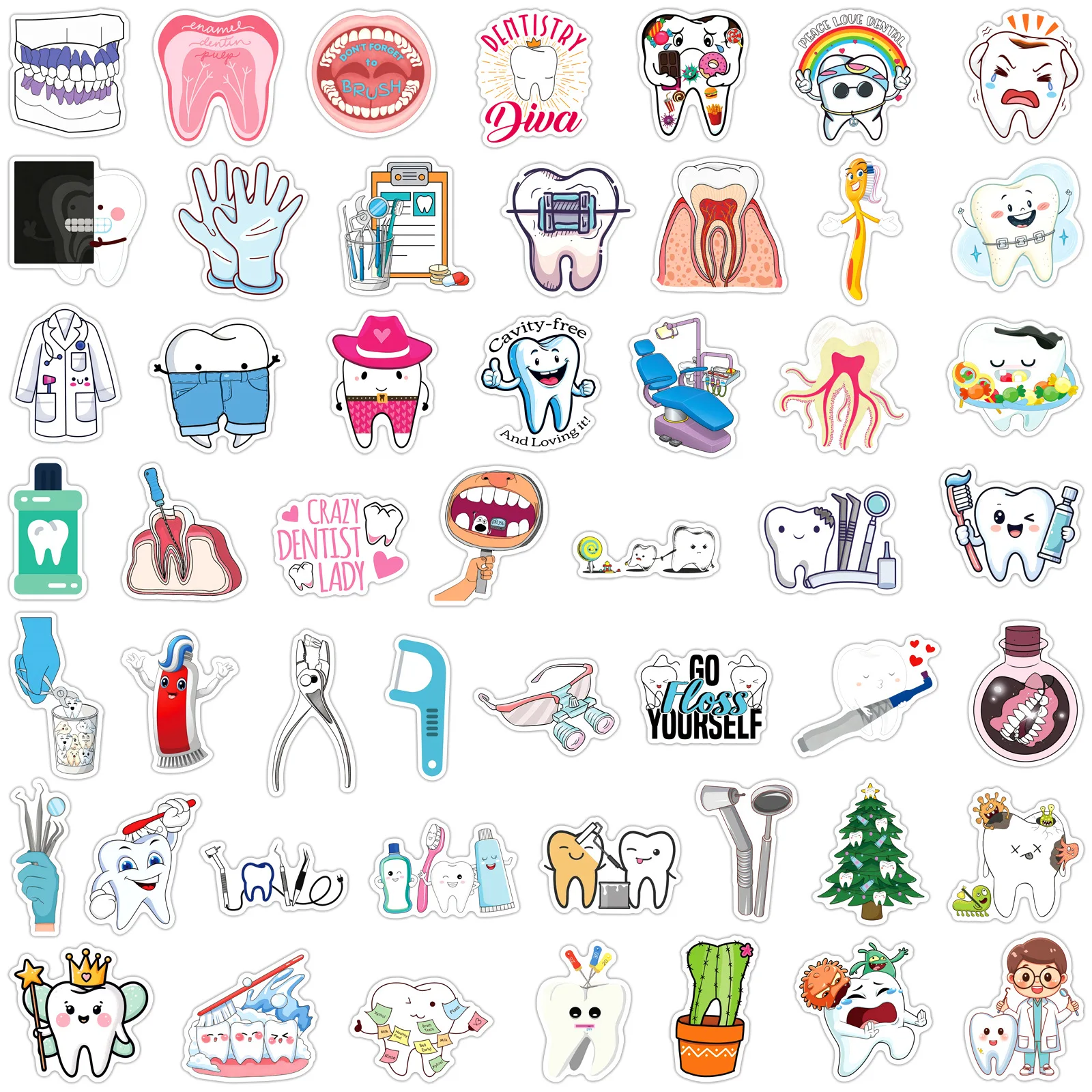 50Pcs Cute Dentist Protect Tooth Stickers Funny Toothbrush Teeth Decal DIY Luggage Skateboard Laptop Cartoon Sticker Packs