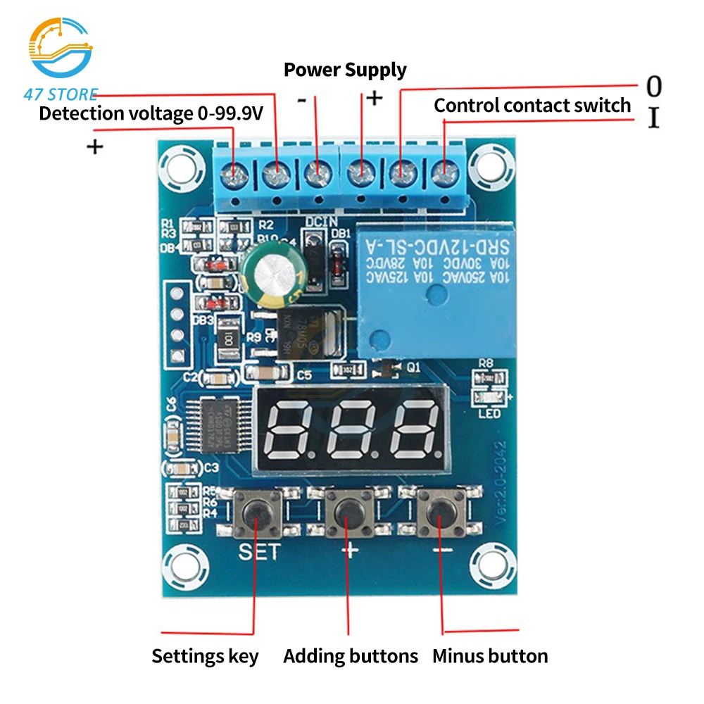 DC 9/12/24V Circuit Monitoring Module Voltage Detection Module Relay Output Voltage Detection Range 0-99.9V Overvoltage Protect