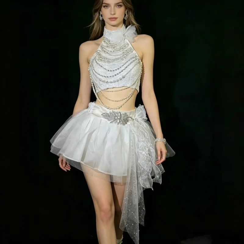 Women's Elegant White Floral Pearl Beaded Gauze Tutu Skirt Glitter Lace Crop Top Two-Piece Set Nightclub Party Carnival Dance ﻿
