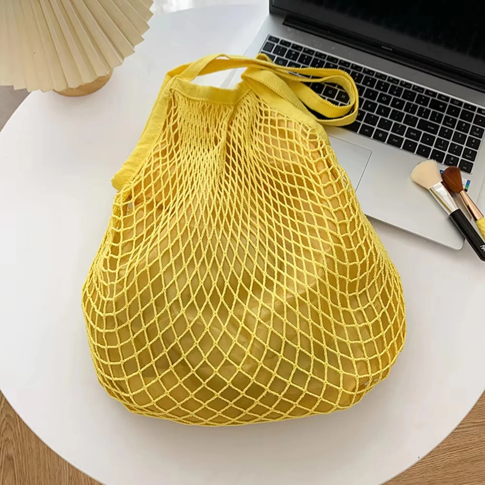 Cotton Mesh Shopping Bag with Lining Large Capacity Reusable Net String Grocery Bag Beach Travel Tote Casual Shoulder Bag