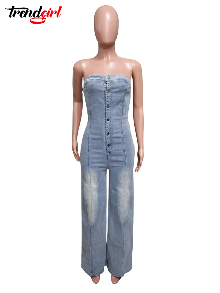 Mlaiscsr Off Shoulder Tube Top Backless Denim Jumpsuits Women Blue Single Breasted Wide Leg One Pieces Romper Jean Overalls