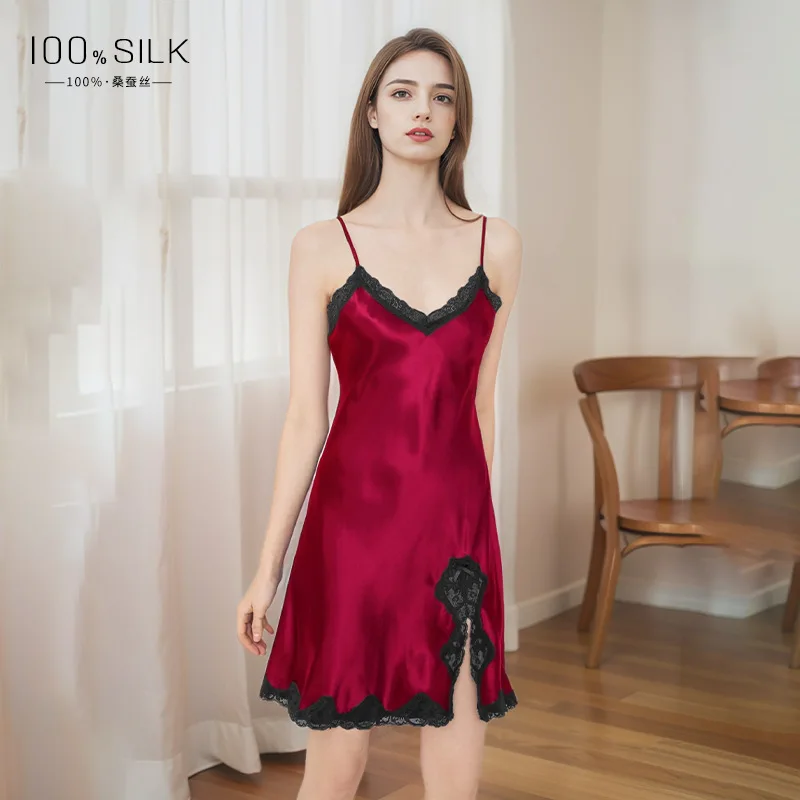 High Quality Sexy Slit Slip Nightdress Summer Real Silk 100% Home Wear Pajamas for Women