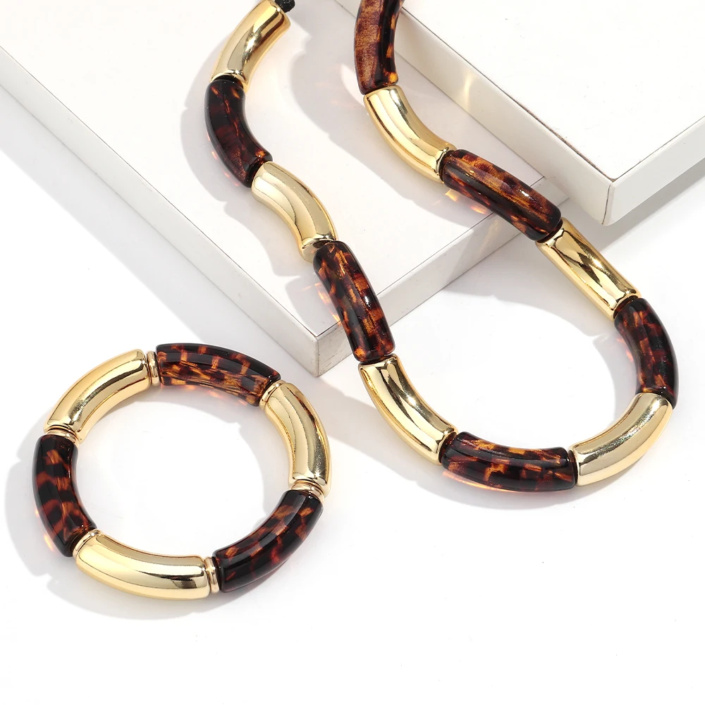 2Pcs/Set Vintage Acrylic Leopard Tube Beads Necklace Bracelets Geometric Chunky Bamboo Beads Bracelets Necklaces Fashion Jewelry