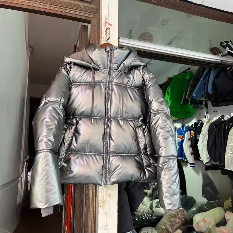 

Женское зимнее пальто, элегантное пальто на молнии с капюшоном, теплое свободное хлопковое пальто с длинными рукавами, серебряное глянцевое пальто, женская одежда