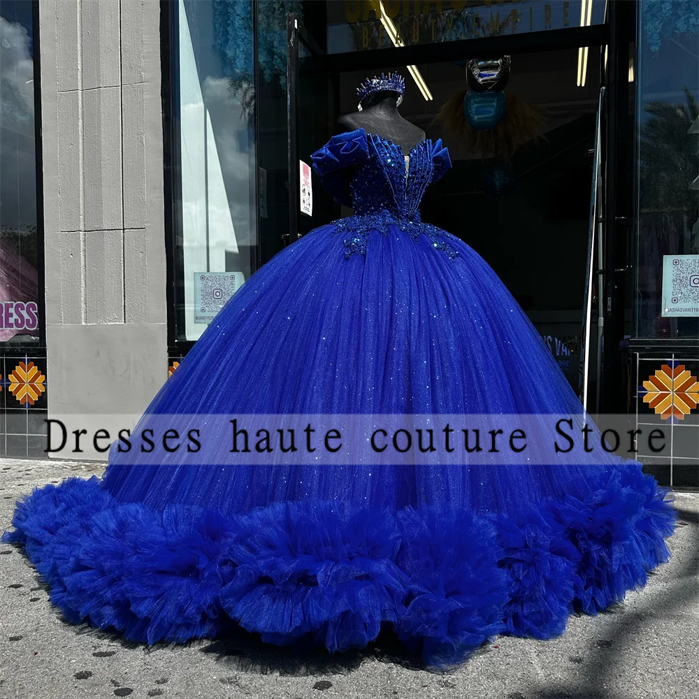 

New Arrivals Royal Blue Beaded Tulle Ball Gown Quinceanera Dresses 2024 Ruffles Sweet 15 Dress Lace up Vestidos De 15 Años