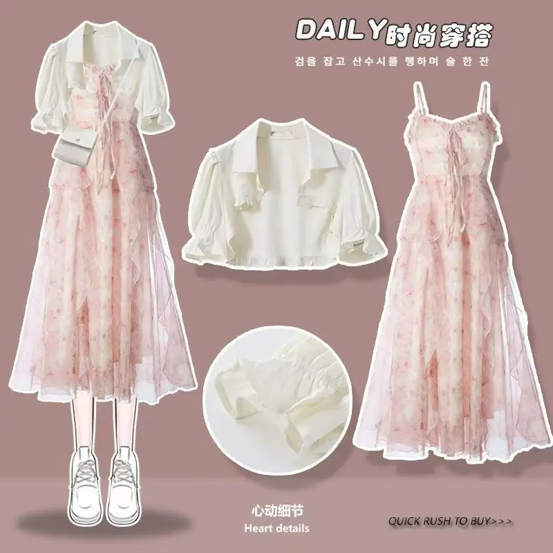 Women\'s Spring Summer Fashion Long Sleeve Top Shirts +Strap Dress Two Piece 2026 Korean Elegant New in Matching Set Femlae Skirt