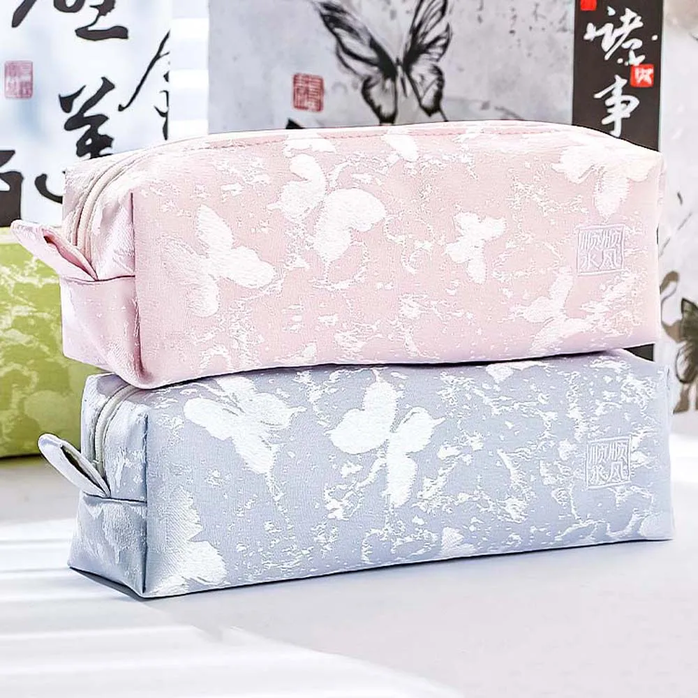 Ancient Style Weaving Fabric Butterfly Stationery Organizer Chinese School Student Pencil Case Pen Bag Cosmetic Storage Pouch